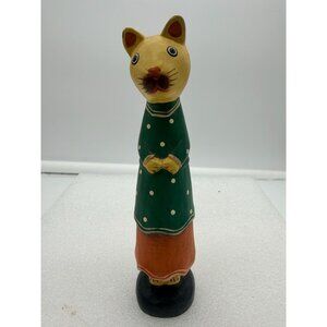 Carved Wood Folk Art Cat Figurine 7 Inch